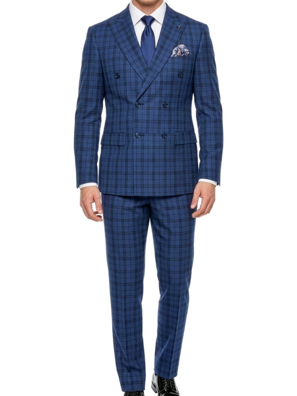 Blue Double Breasted Plaid Peak Lapel Stacy Adams Men's Suit